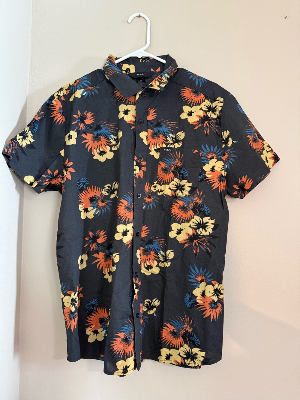 RVCA Black Short-Sleeve Floral Button-Up Shirt with Yellow & Orange Accents